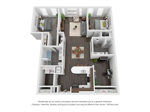 Floor plan for 2 beds, 2 baths, 1305 sqft